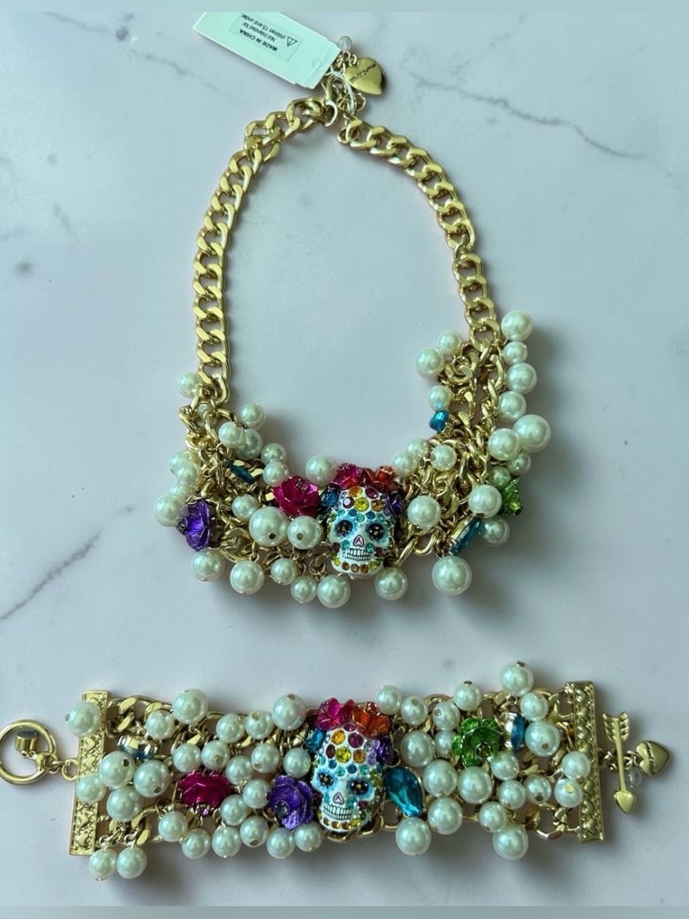 BETSEY JOHNSON SET Halloween Day of Dead Sugar Skull Necklace & Bracelet NEW NWT